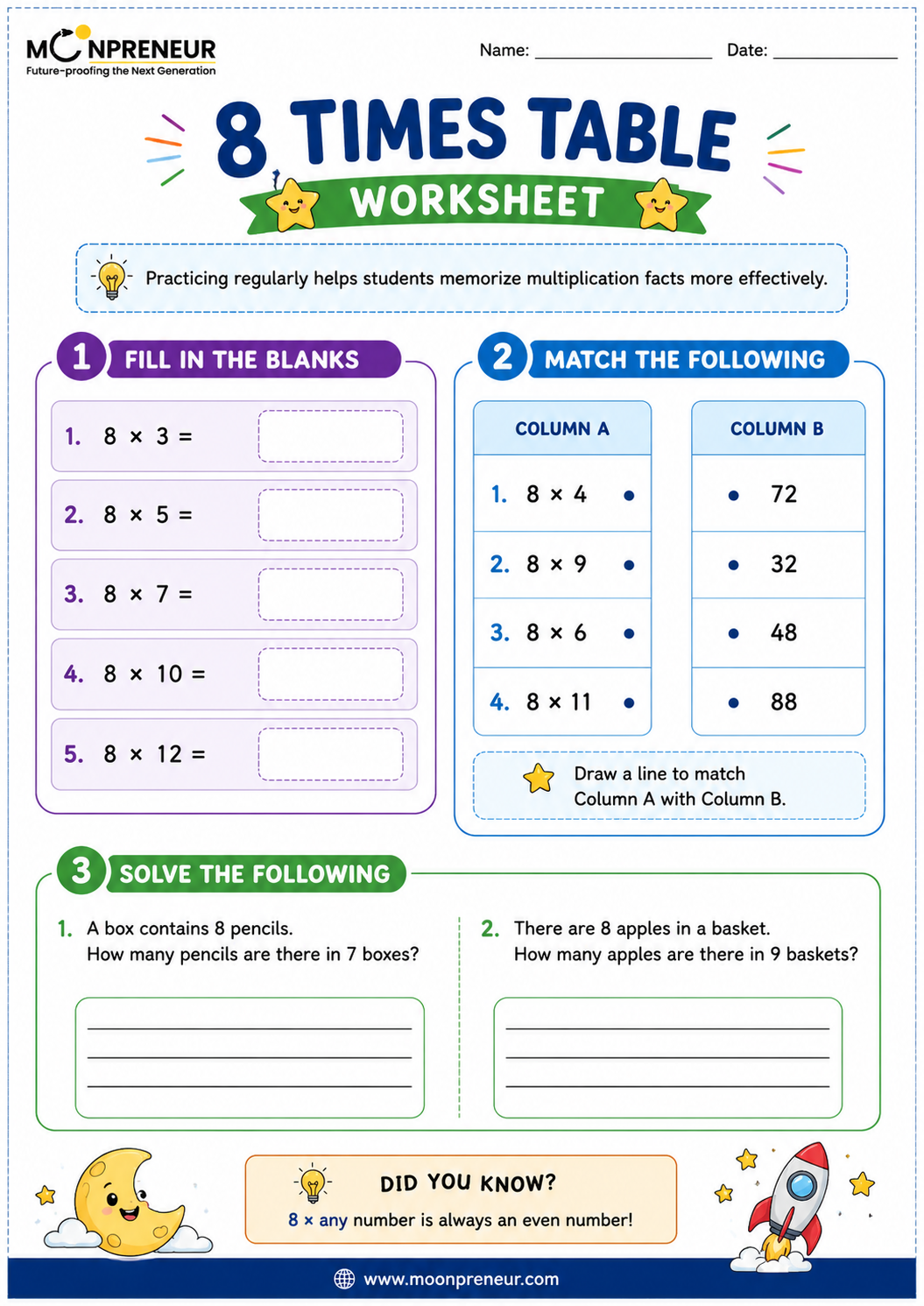 Printable 8 Times Table Worksheet For Kids