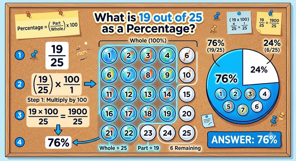 What is 19 out of 25 As A Percentage